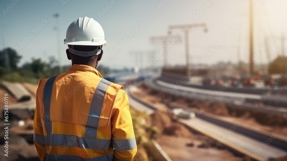 Chief Engineer of Expressway Construction Site Wear a uniform and helmet. Standing and handing over work to female workers At the motorway construction site Chief Engineer of Expressway Construction Site Wear a uniform and helmet. Standing and handing over work to female workers At the motorway construction site