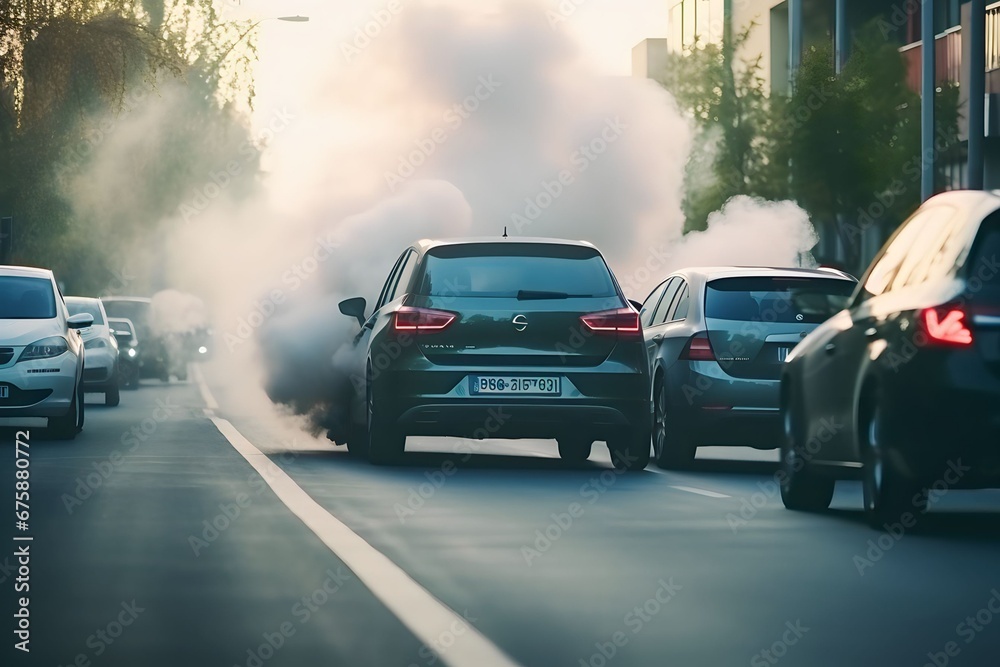 cars on the damaged highway emit smoke