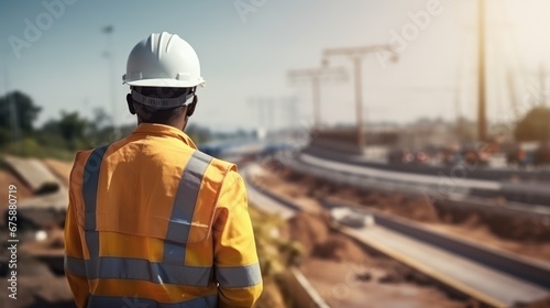 Chief Engineer of Expressway Construction Site Wear a uniform and helmet. Standing and handing over work to female workers At the motorway construction site