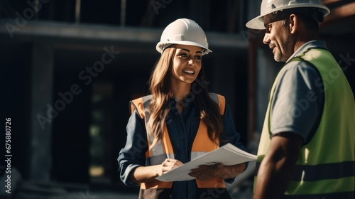 Chief Engineer of House Construction Wear a uniform and helmet. Stand and talk with the female foreman to inspect the structure of the house. on construction site photo