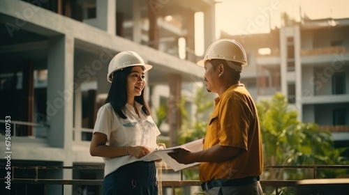 Chief Engineer of House Construction Wear a uniform and helmet. Stand and talk with the female foreman to inspect the structure of the house. on construction site