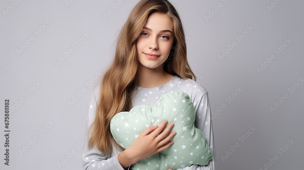 Woman in pajamas holding mint print decorative pillow Woman in pajamas holding mint print decorative pillow