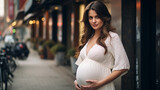 Pregnant girl with big belly in beautiful white dress