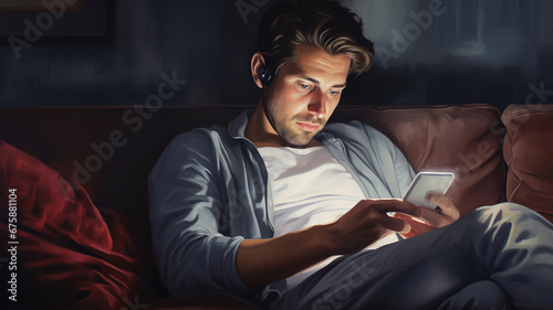 Man looks at smartphone while sitting on soft sofa