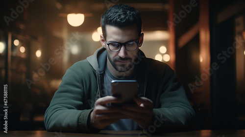 Man with glasses looks at smartphone