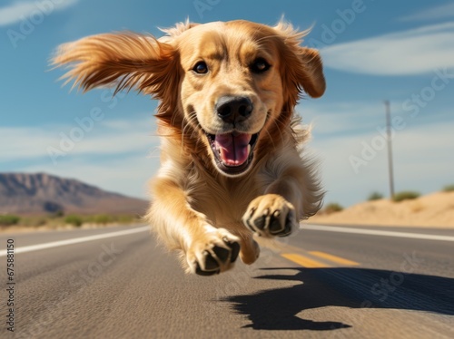 Generative AI image of a dog on a road, in the style of joyful, travel, wimmelbilder, high speed sync, close up, iconic American, horizons  © Eitan Baron
