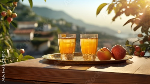 Generative AI image of a Elegant wooden boards with fruit juice and fruits on them. Blurred Italian mountain in the background