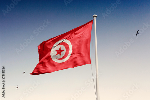 Tunisia flag fluttering in the wind on sky.