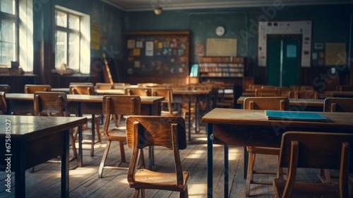 Generative AI image of an Empty Classroom. Back to school concept in high school. Classroom Interior Vintage Wooden Lecture Wooden Chairs and Desks. Studying lessons in secondary education photo