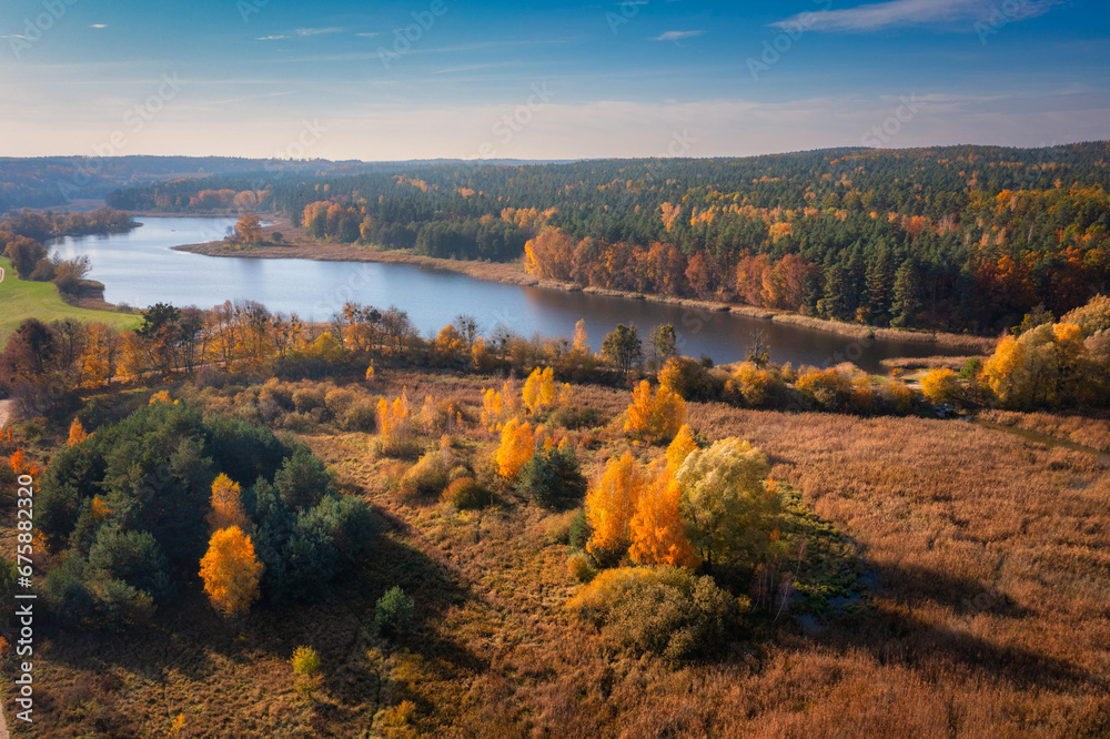 Obraz na płótnie Aerial landscape of autumn lakes and forests in the Kociewie region, Poland. w salonie