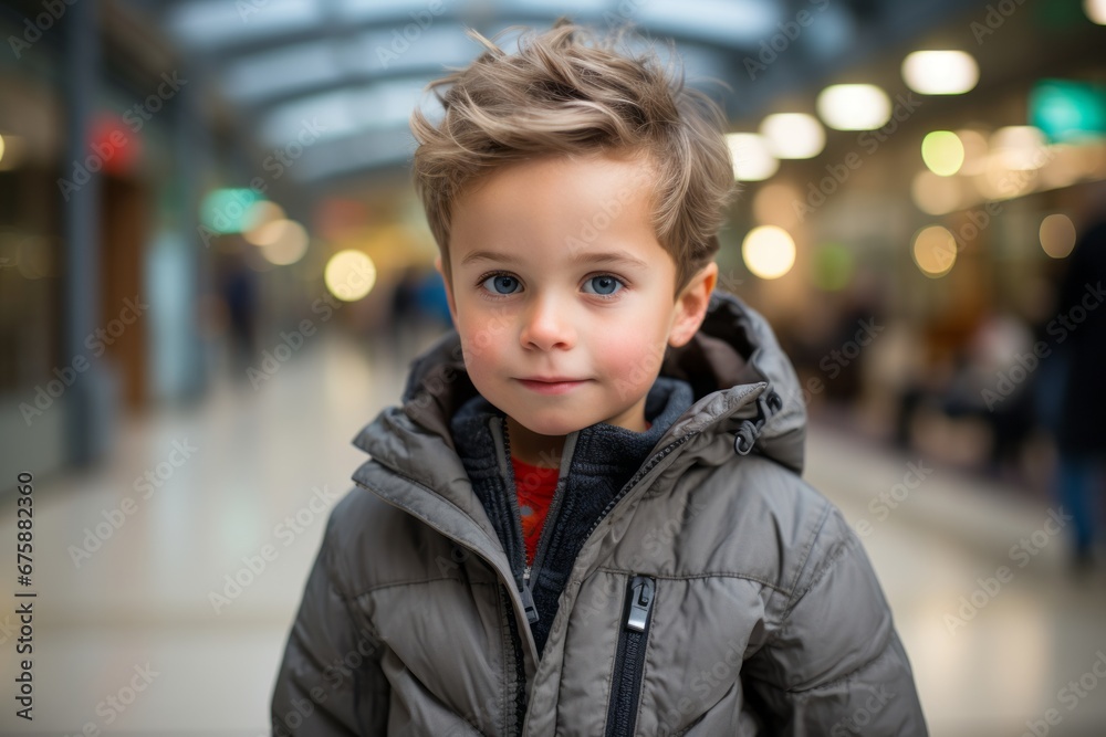 Portrait of a cute little boy in a winter jacket on the background of the shopping center Portrait of a cute little boy in a winter jacket on the background of the shopping center