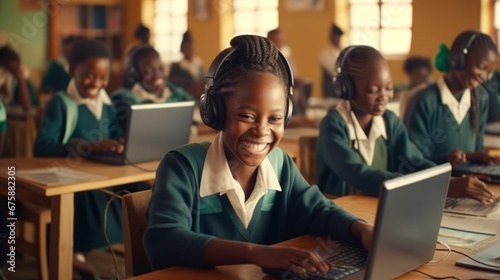 Generative AI image of a happy Kenyan school children learning coding, summer time photo