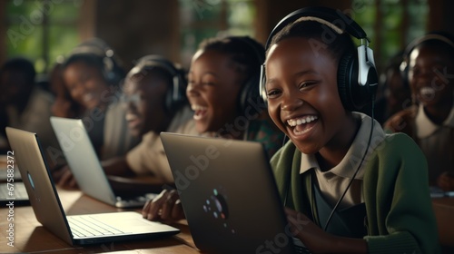 Generative AI image of a happy Kenyan school children learning coding, summer time photo