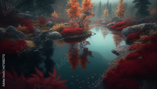 AI generated illustration of a river in a forest with stones and autumn trees on its banks