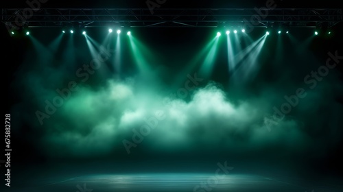 Generative AI image of a Illuminated stage with scenic lights and smoke. Green vector spotlight with smoke volume light effect on black background. Stadium cloudiness projector