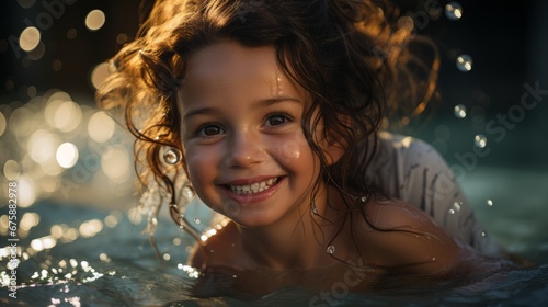 Generative AI image of a toddler with sparkling eyes and a mischievous grin is seen taking confident strokes in a serene swimming pool. 