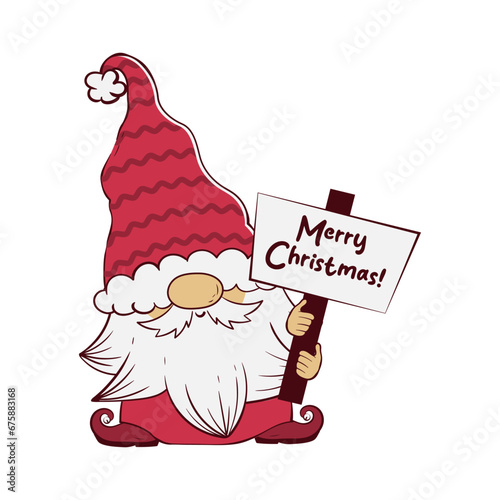 Cute gnome holding a sign with the inscription Merry Christmas. Vector illustration of cartoon dwarf character