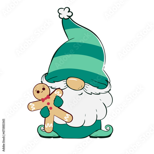 Christmas gnome holds a gingerbread in the shape of a man. Vector illustration of cartoon dwarf character