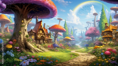 Houses built inside massive trees beneath towering mushrooms. Magical habitats.