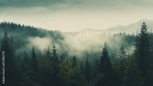 Generative AI image of a Misty landscape with fir forest in vintage retro style, autumn © Eitan Baron
