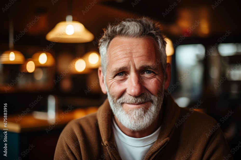 Portrait of a senior man with grey beard in a cafe. Portrait of a senior man with grey beard in a cafe.