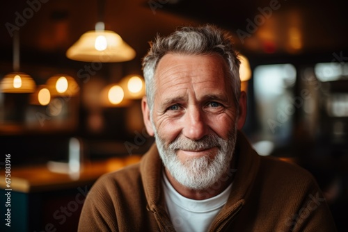 Portrait of a senior man with grey beard in a cafe.