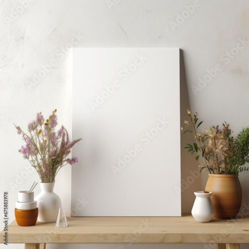 Generative AI image of a mockup scene of 4x6 blank white canvas Henning on white wall. There should colorful vases of plants and flowers not in front of canvas in scene and natural light