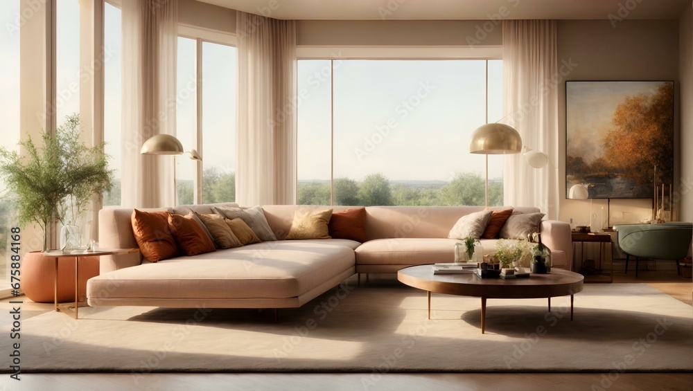 a living room filled with furniture and a large window a living room filled with furniture and a large window