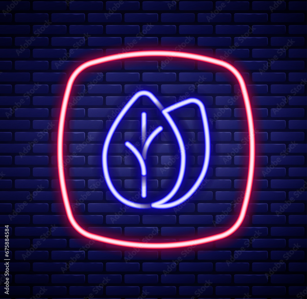 Glowing neon line Leaf icon isolated on brick wall background. Leaves sign. Fresh natural product symbol. Colorful outline concept. Vector Glowing neon line Leaf icon isolated on brick wall background. Leaves sign. Fresh natural product symbol. Colorful outline concept. Vector