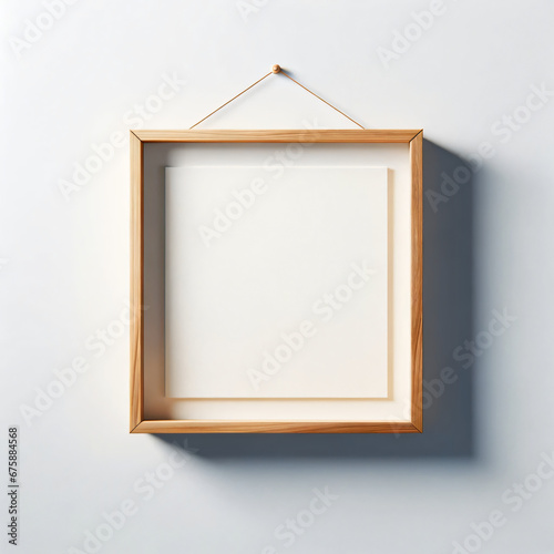 Empty wooden frame on a white wall
