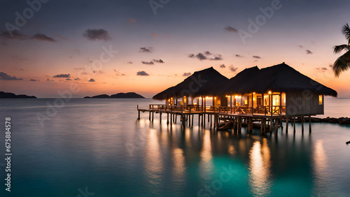 A tropical bungalow on stilts above crystal-clear waters at night  with the soft glow of lanterns reflecting on the calm sea.