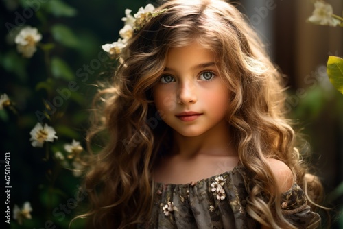 portrait of a beautiful little girl with long curly hair and flowers in her hair
