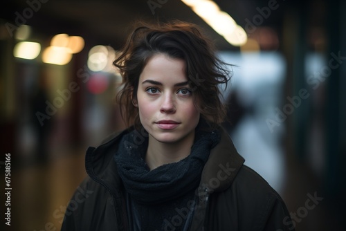 Portrait of a beautiful girl in the city at night. Shallow depth of field
