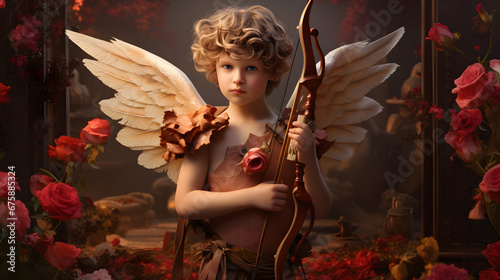 Cupid with bow on a beautiful background for Valentine's Day photo