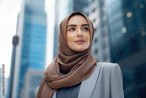 Beautiful woman in hijab standing on city street