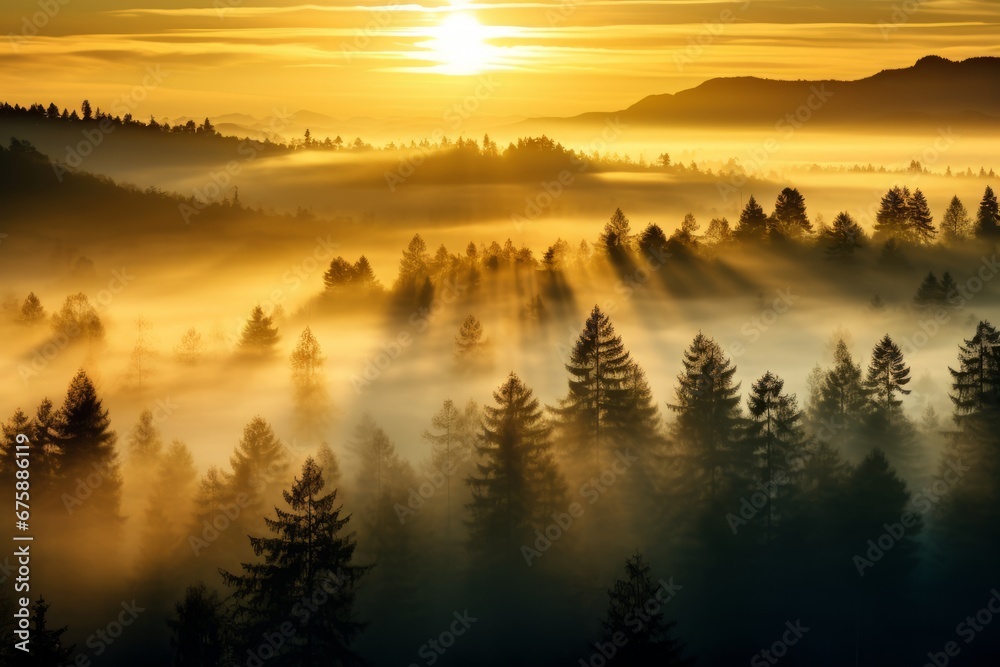Generative AI image of sunrise over forest surrounded by fog and trees