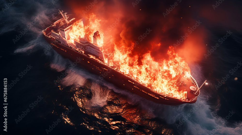 Obraz premium Passenger ocean liner ship engulfed in fire on high seas amidst turbulent waves, tragic and dramatic maritime incident, unpredictable and formidable power of sea, fire on cruise ship, aerial view