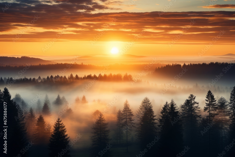 Generative AI image of sunrise over forest surrounded by fog and trees