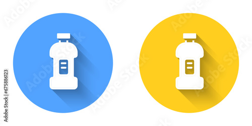White Plastic bottle for laundry detergent, bleach, dishwashing liquid or another cleaning agent icon isolated with long shadow background. Circle button. Vector