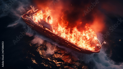 Passenger ocean liner ship engulfed in fire on high seas amidst turbulent waves, tragic and dramatic maritime incident, unpredictable and formidable power of sea, fire on cruise ship, aerial view photo