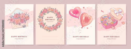 Happy birthday greeting card, banner, poster design template with flowers, envelope, gift box and helium balloons. Hand drawn style. Vector illustration