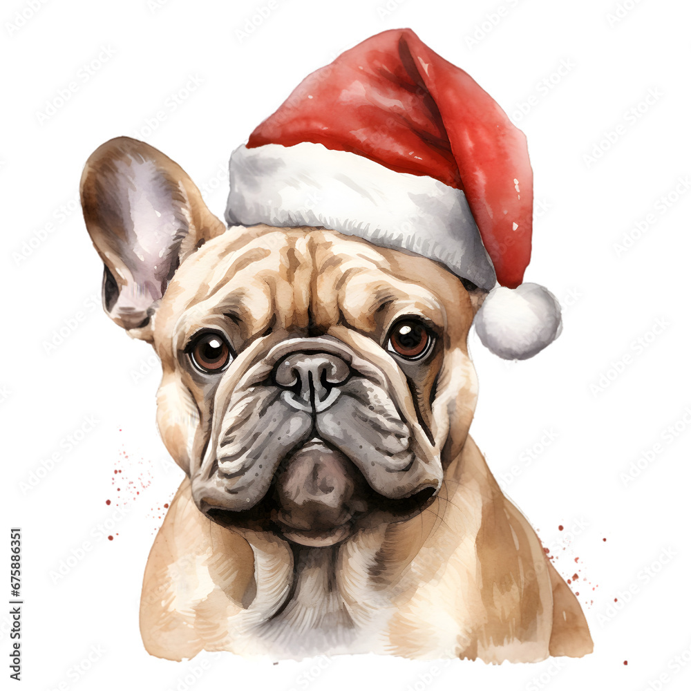 French Bulldog Wearing a Santa Hat, Christmas Dog Watercolor Clipart