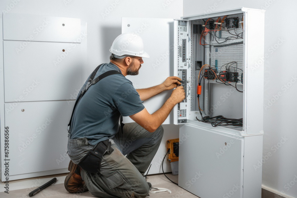 Electrician man inspecting electrical system Electrician man inspecting electrical system