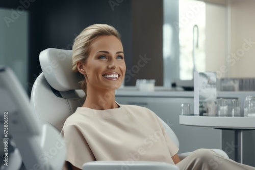 Generative AI image of a female dentist sits in a dental chair with a smile on her face