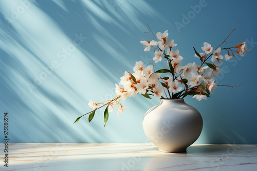 Minimalistic light background with blurred foliage shadow on a light blue wall. Beautiful background for presentation with with marble floor. 