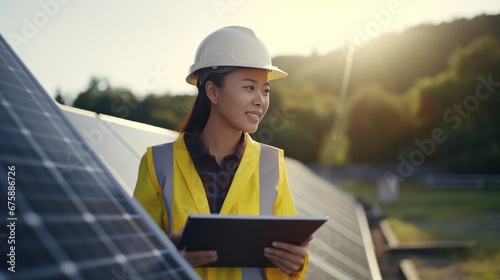 Female engineer with tablet for inspection Maintenance of solar photovoltaic panels photo