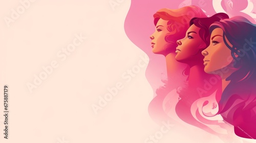 Generative AI image of Women s day celebration banner  8 march  multiple women faces graphic illustration  horizontal copy space on pastel pink background
