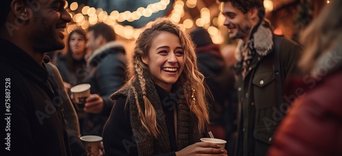 group of friends in christmas market the night photo