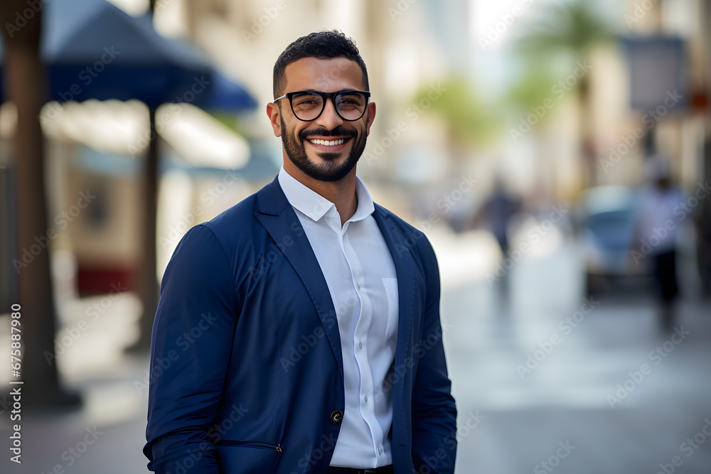 Fototapeta premium portrait of an arabic business man with glasses and bokeh background