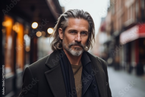 Portrait of a handsome mature man with gray hair and beard in the city.